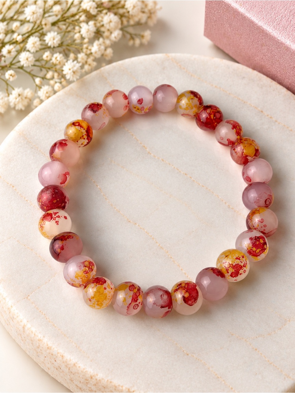 Gold & Pink Beaded Stretch Bracelet - Women Jewelry